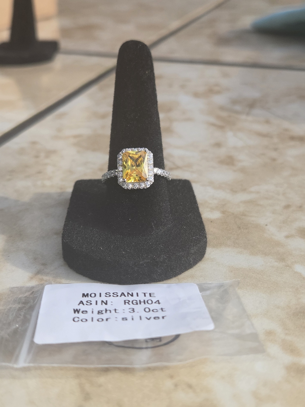 Yellow Emerald-Cut Moissanite Halo Ring in Silver-Tone